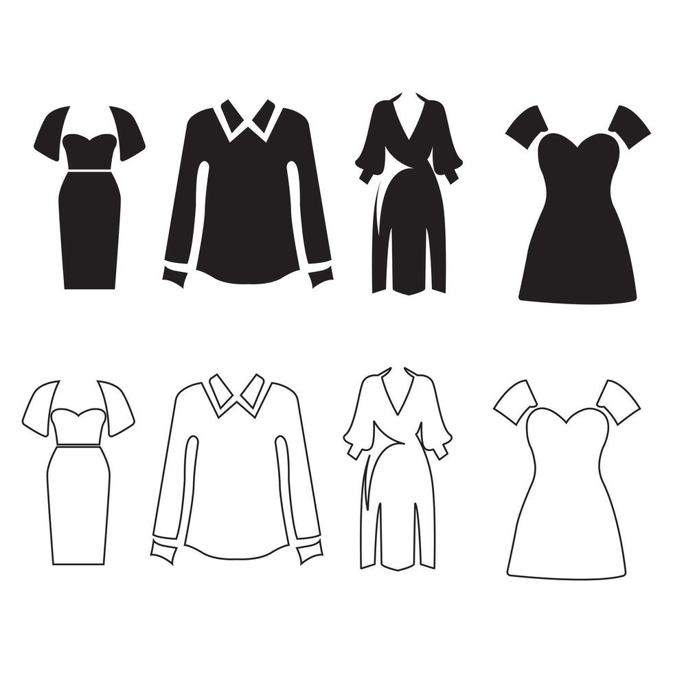 Women's Clothing Icons Set Dresses, Shirts, Blouses - Fashion Design Illustrations vector