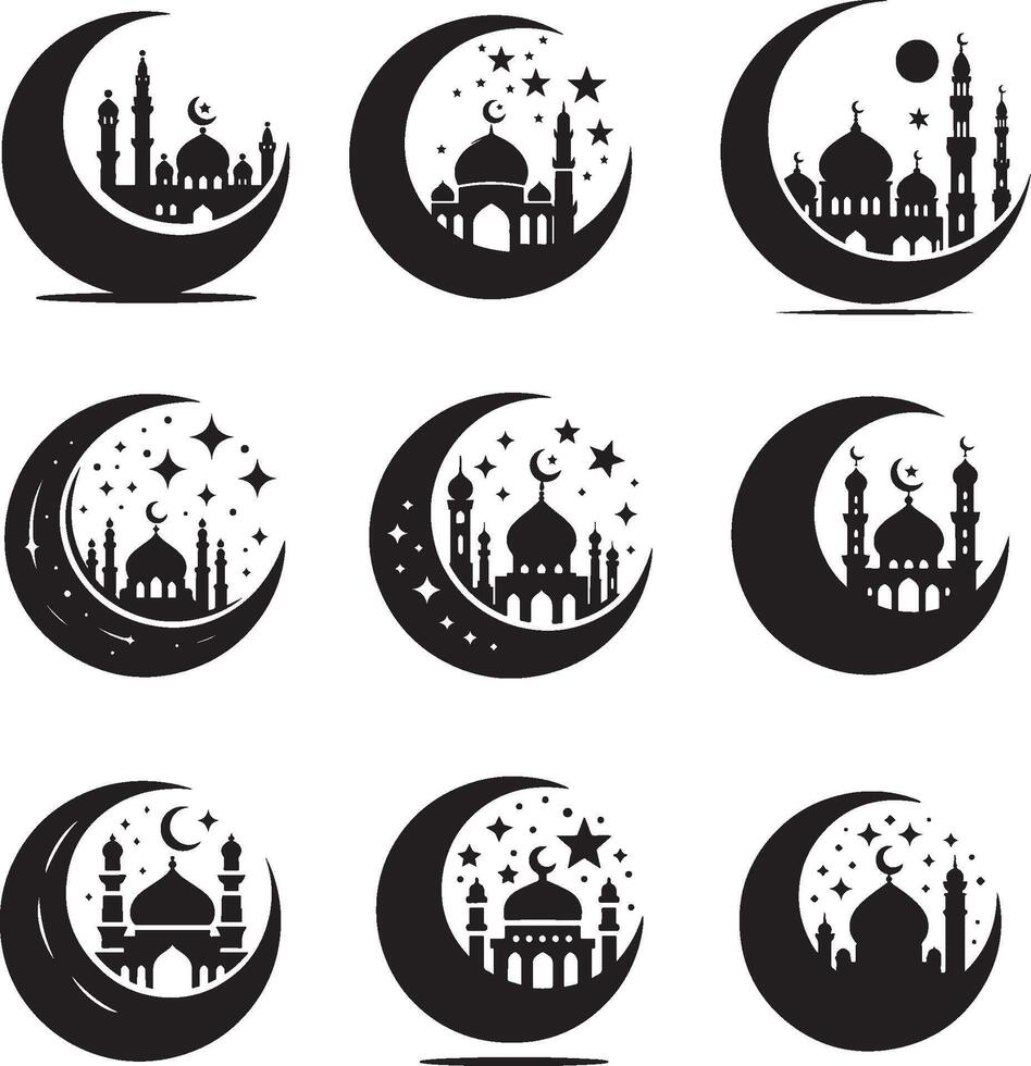 islamic crescent moon and mosque icons set, Ramadan and Eid vector
