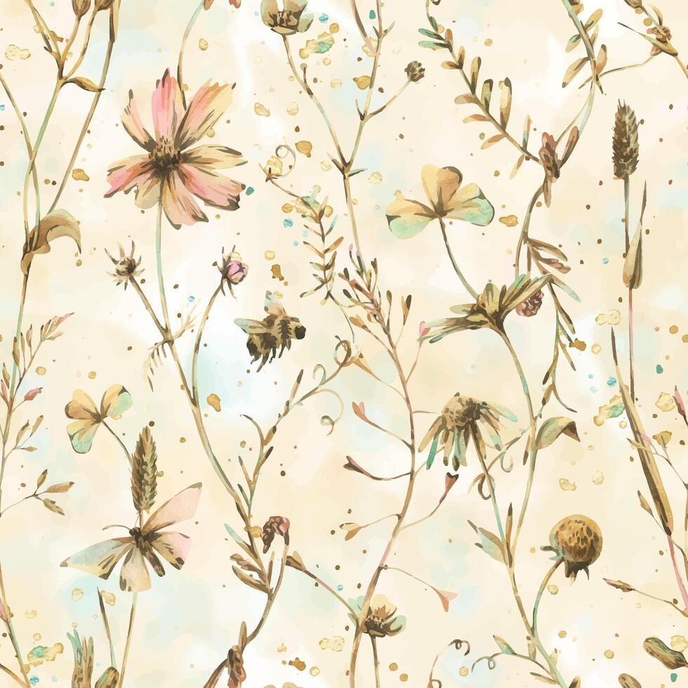 Field, meadow, wild flowers and herbs cosmos, chamomile, clover and insects. Watercolor illustration hand drawn in beige, brown and ocher colors. Seamless pattern on a beige washes background vector