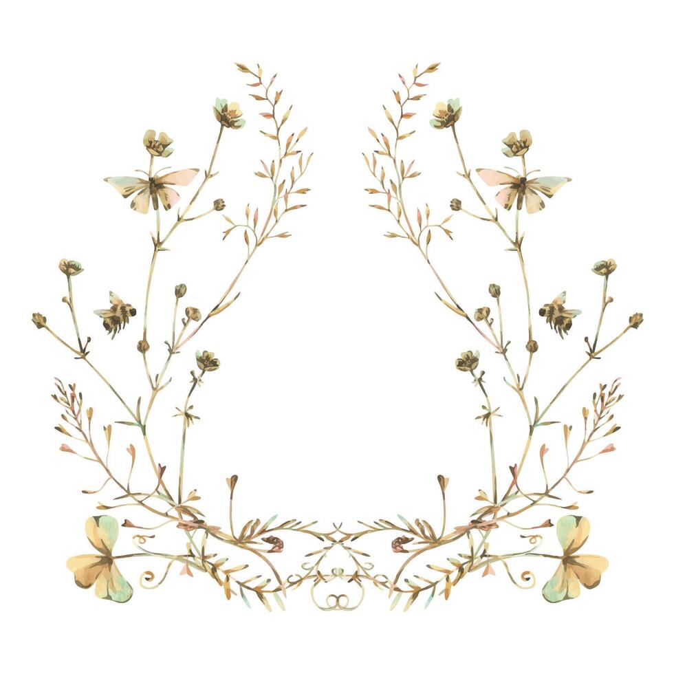 Field, meadow, wild flowers and herbs buttercups with shepherd s purse, pollen, butterfly and bumblebee. Watercolor illustration, hand-drawn in beige, brown and ocher tones. Circle wreath frame vector