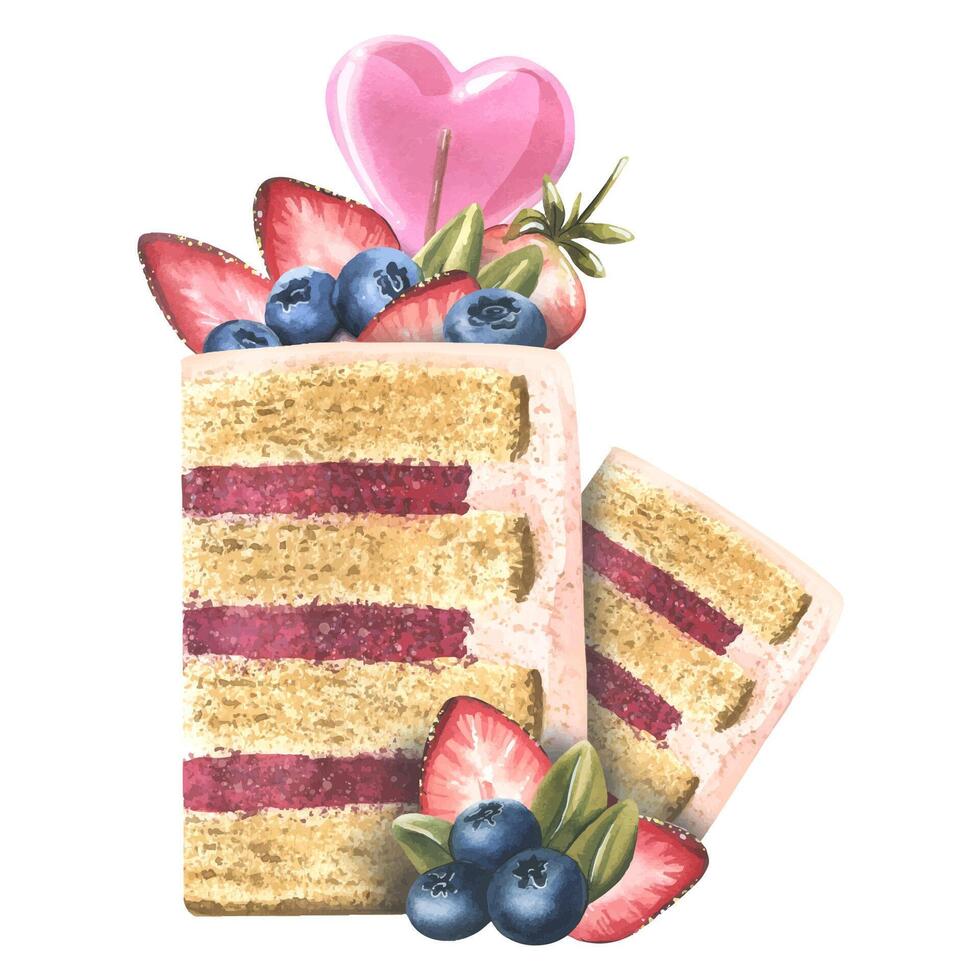Cut pieces of cake decorated with a heart-shaped lollipop, strawberries and blueberries. Watercolor illustration. A composition from a large set of SWEETS. For the design and design of the menu, logo. vector