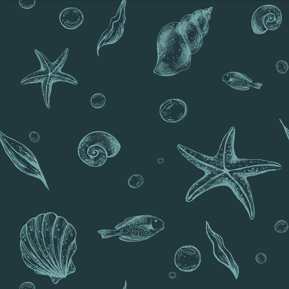 Seashells, starfish, seaweed, fish and bubbles. Graphic illustration hand drawn. Seamless pattern EPS on a green background. for fabric, textile, prints, design and decoration. vector