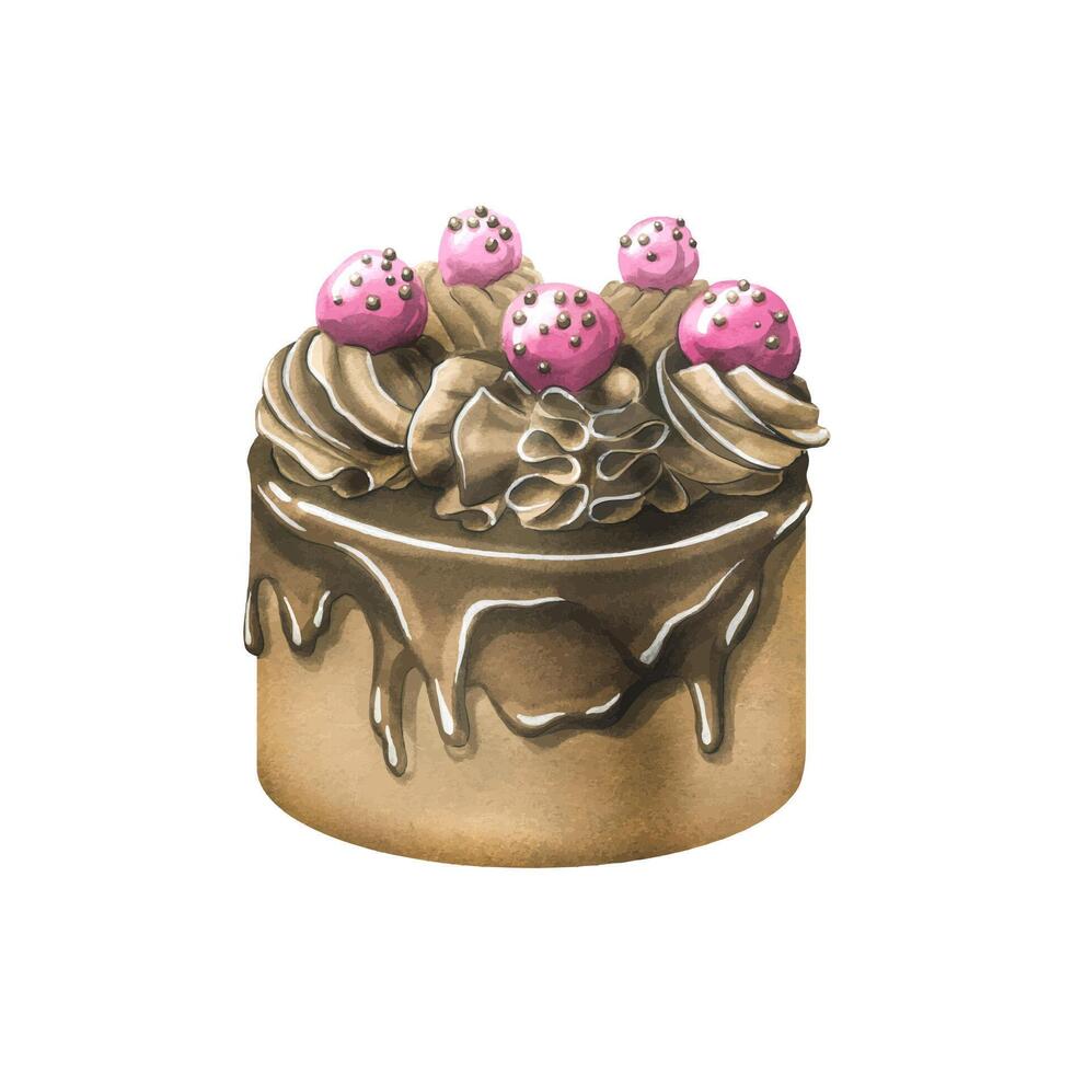 Chocolate cake with icing and cream with pink candies. Watercolor illustration. An isolated object from a large set of SWEETS. For the design, design and composition of the logo, advertising, menus vector