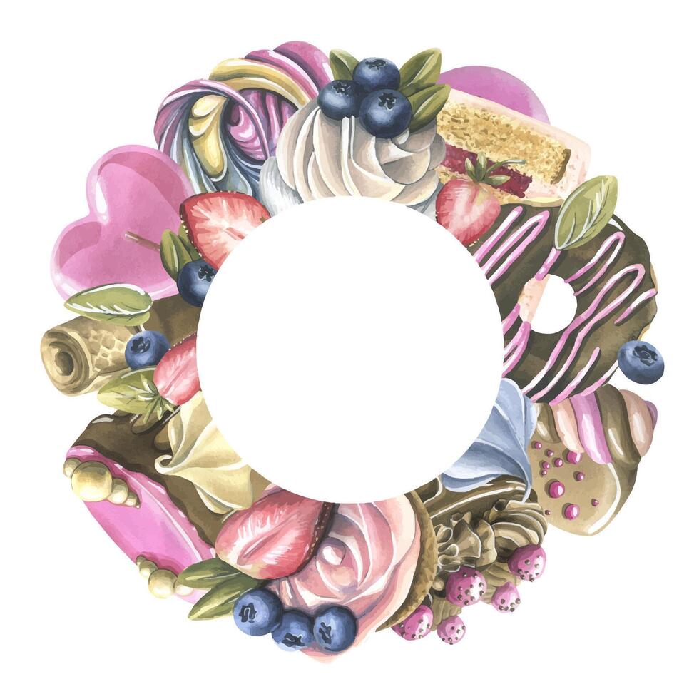 Cakes with brownies, donuts, marshmallows, lollipops, strawberries and blueberries. Watercolor illustration hand drawn. Template, wreath, frame on a white background vector