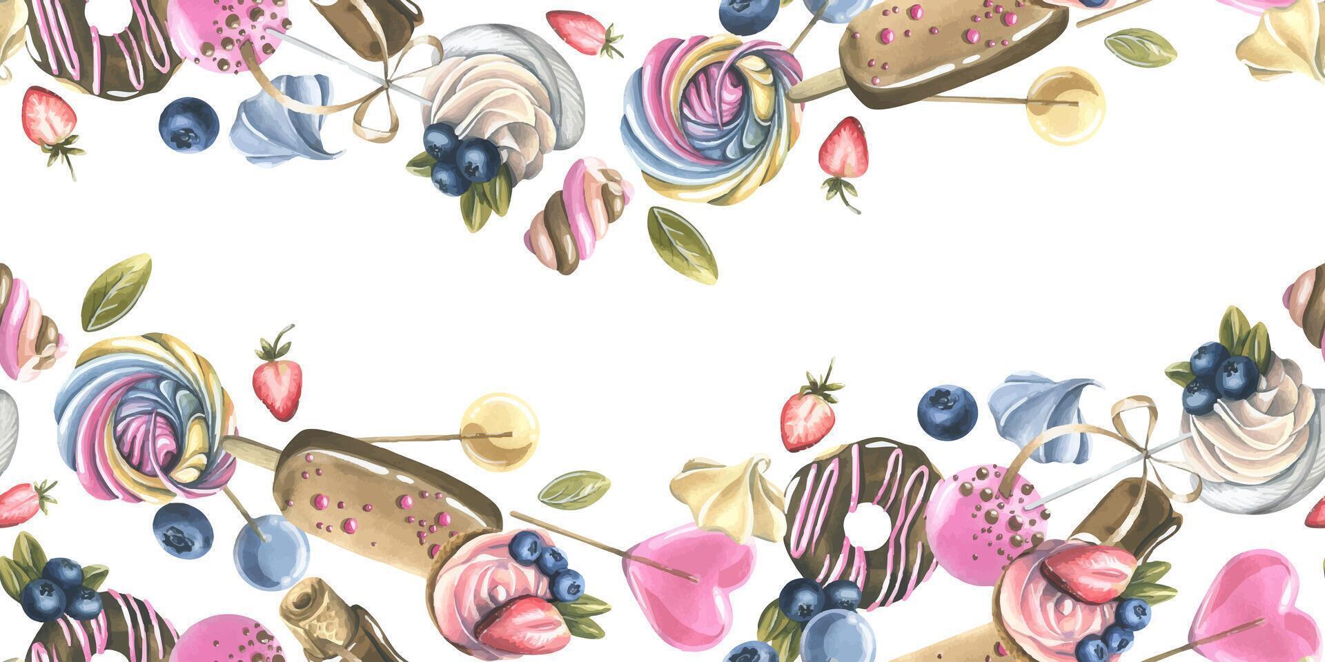 Cakes, donuts, lollipops, blueberries, strawberries, marshmallows and meringue. Watercolor illustration. Seamless banner from the SWEETS collection. For the design and design of menus, recipes. vector
