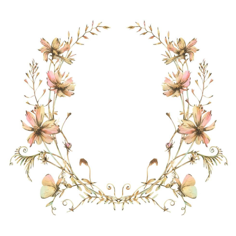 Field, meadow, wild flowers and herbs cosmos and other, butterfly. Watercolor illustration hand drawn in beige, brown and ocher colors. Circle, round, oval wreath frame isolated from background vector