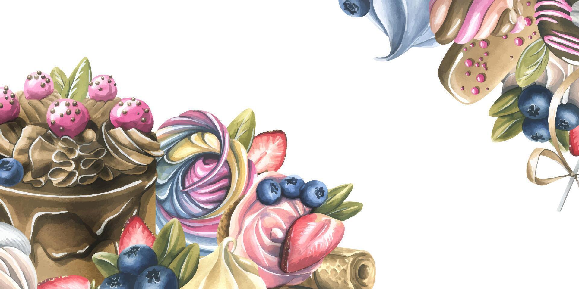 Cakes, pastries, donuts, meringues, berries and lollipops. Watercolor illustration. A composition from the collection of SWEETS. For the design and design of menus, recipes, logos, corporate identity. vector