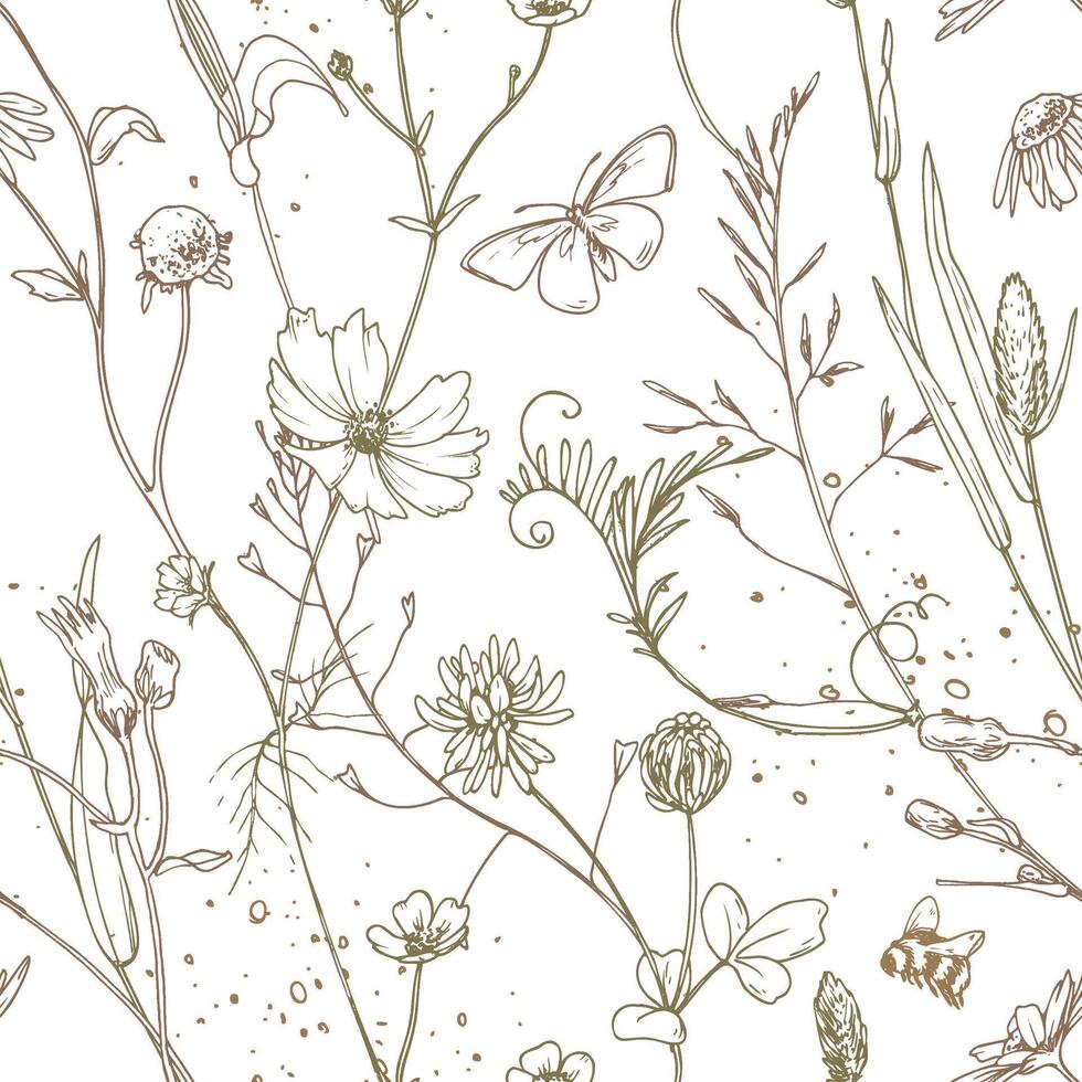 Field, meadow, wild flowers and herbs cosmos, chamomile, clover and insects. Line art is a simple hand-drawn illustration in beige, ochre, brown ink. Seamless pattern EPS vector