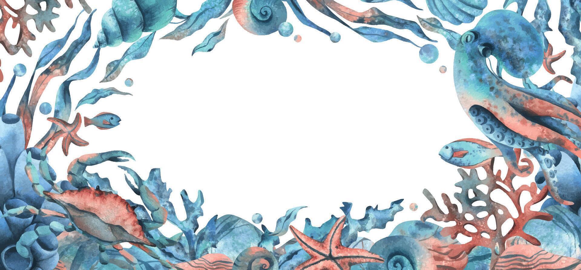 Underwater world with sea animals, octopus, crab, shells, corals, fish, seaweed, starfish and bubbles. Hand drawn watercolor illustration. Marine rectangular horizontal frame, banner, template vector