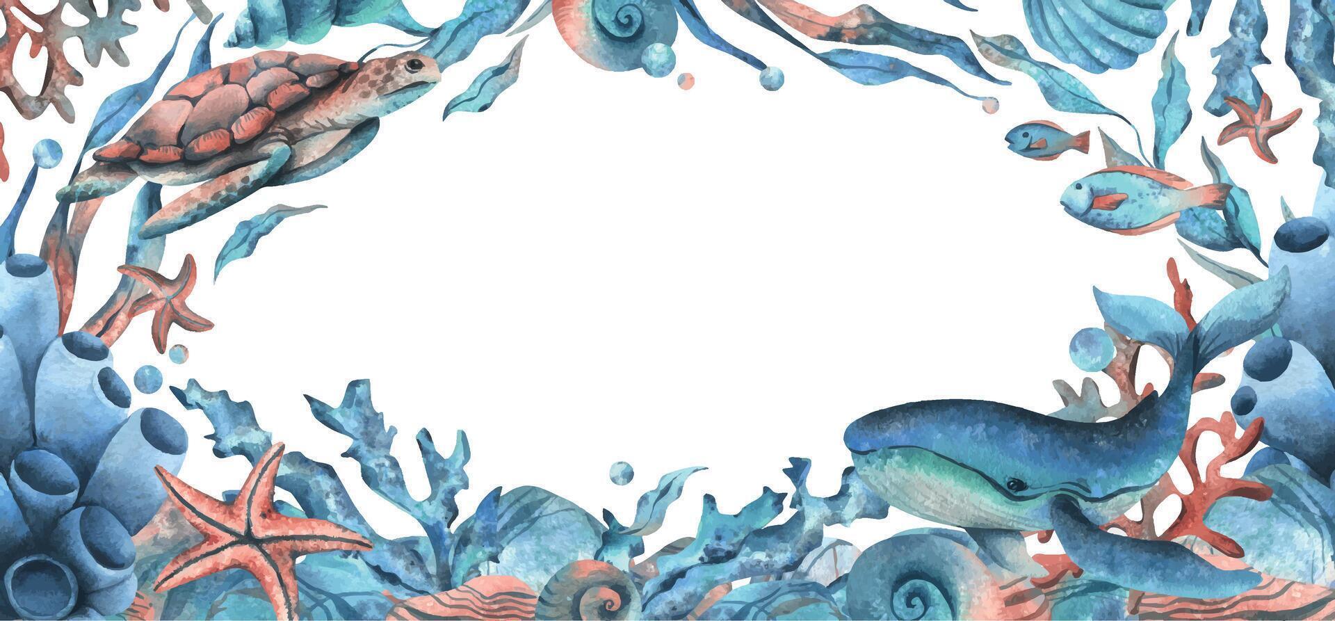 Underwater world with sea animals, turtle, whale, shells, corals, fish, seaweed, starfish and bubbles. Hand drawn watercolor illustration. Marine rectangular horizontal frame, banner, template vector