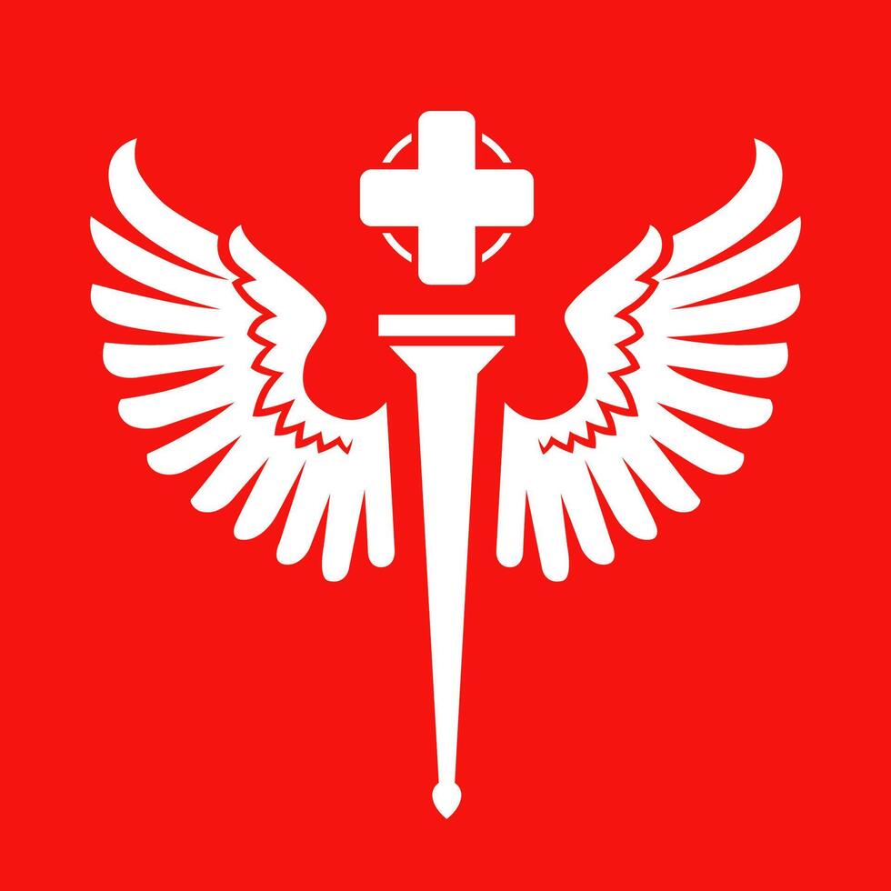 Symbol of medicine with wings on a red background. vector