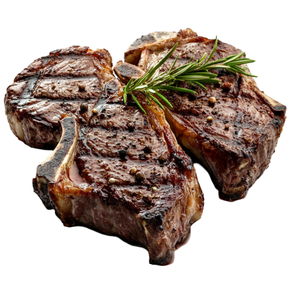 Two Perfectly Grilled Steaks with Fresh Rosemary Sprigs, Ready to Serve on a Transparent Background png