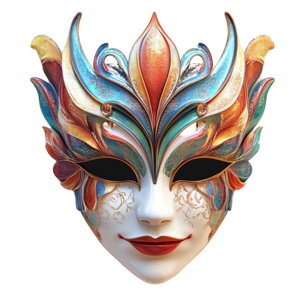 Brightly Colored Mask With A Unique Face Design And Artistic Patterns On Transparent Background png