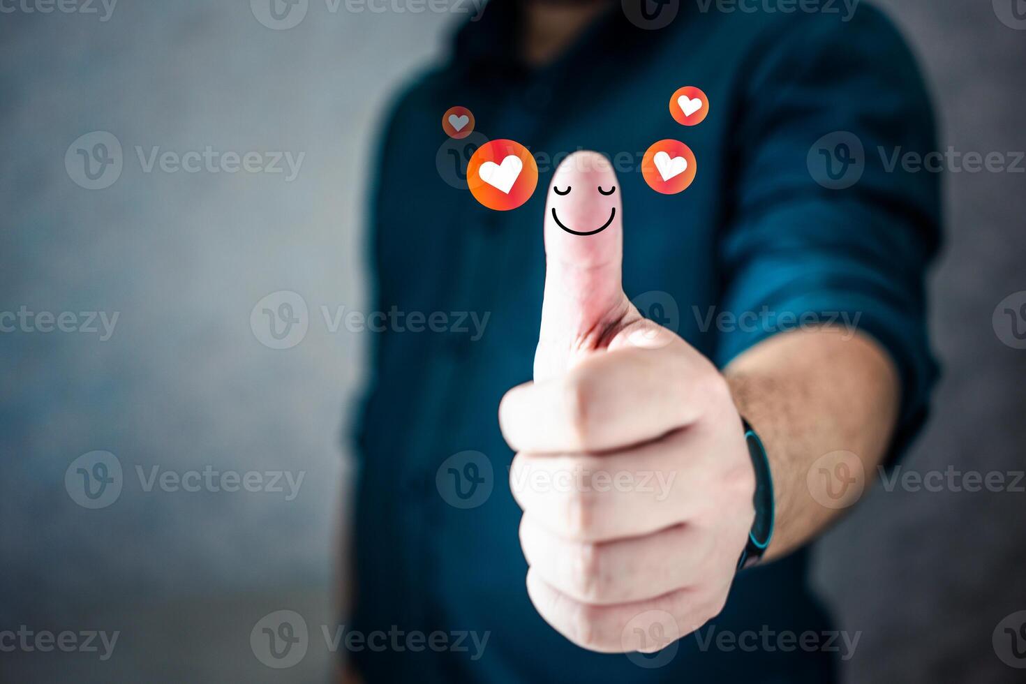 Businessman thumbs up showing happy smile face and red heart emotion, good satisfaction feedback rating. photo
