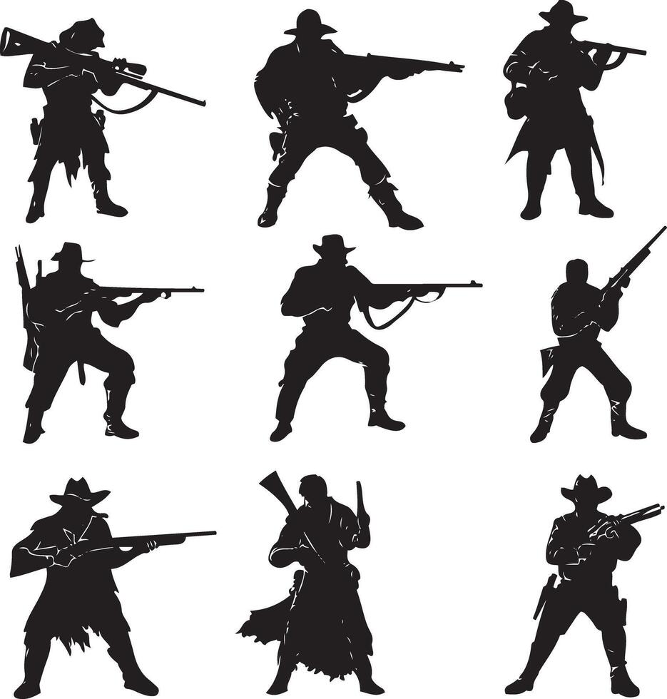 Set of Hiker Gunfighters Silhouettes Wild West, Rifles, Cowboys, Poses vector