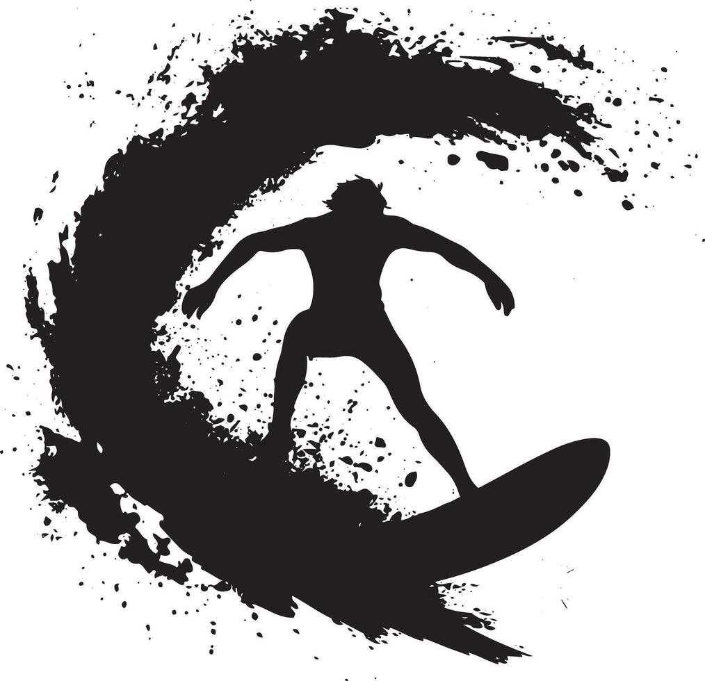 Silhouette of a Surfer Riding a Wave with Dramatic Ink Splatter vector