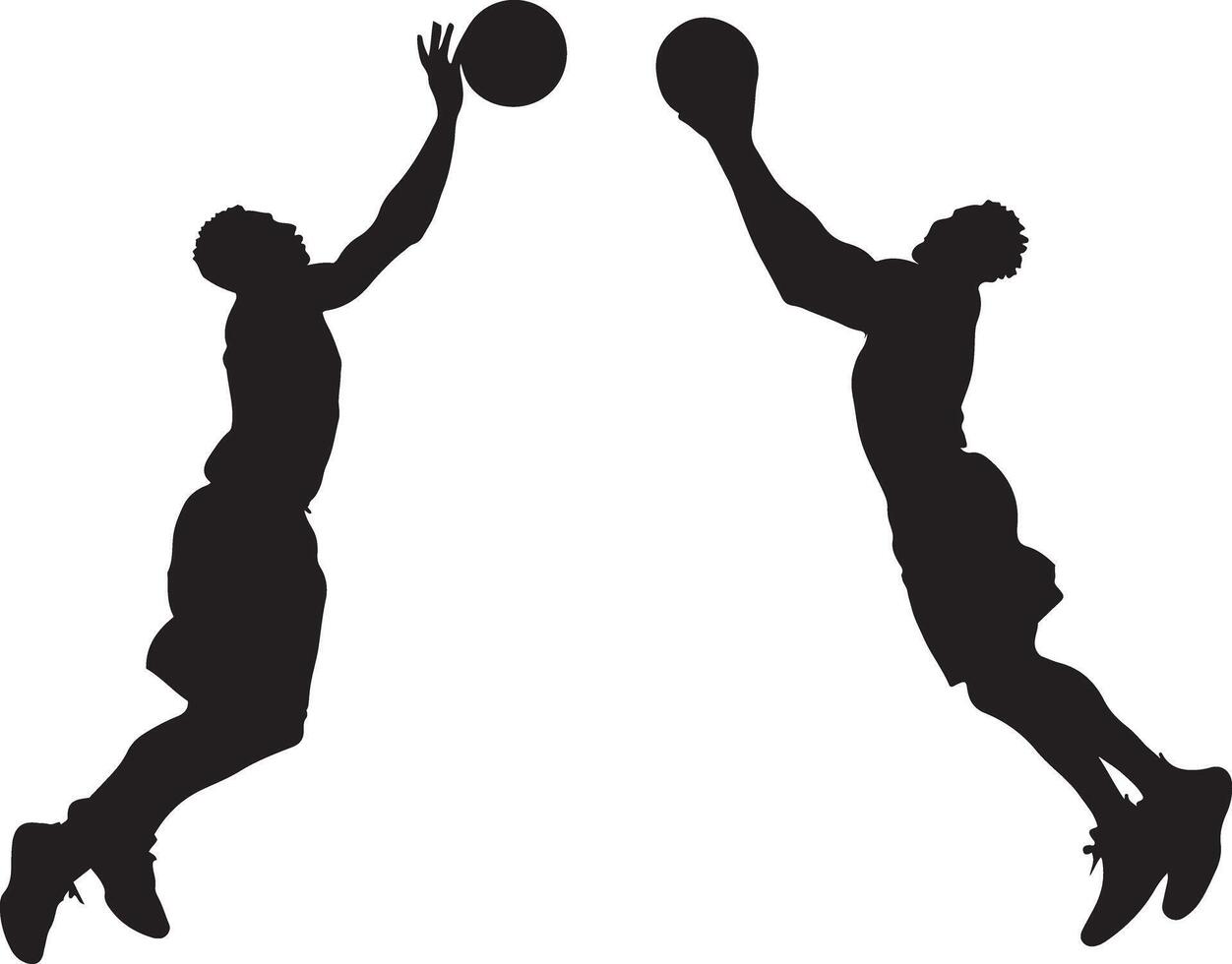 Silhouette of two basketball players in mid-air, preparing to pass the ball. vector