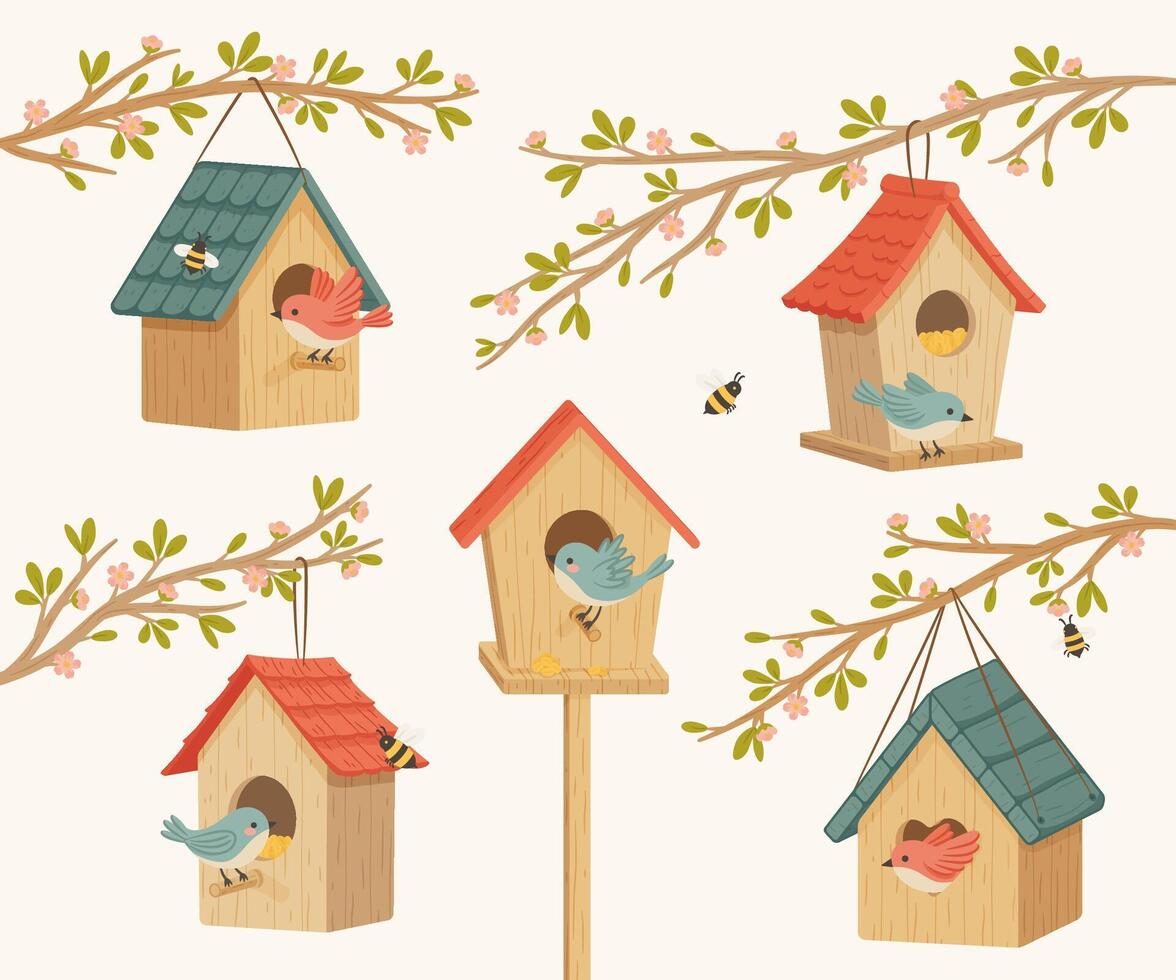 Wooden Birdhouses with Birds and Blooming Branches vector