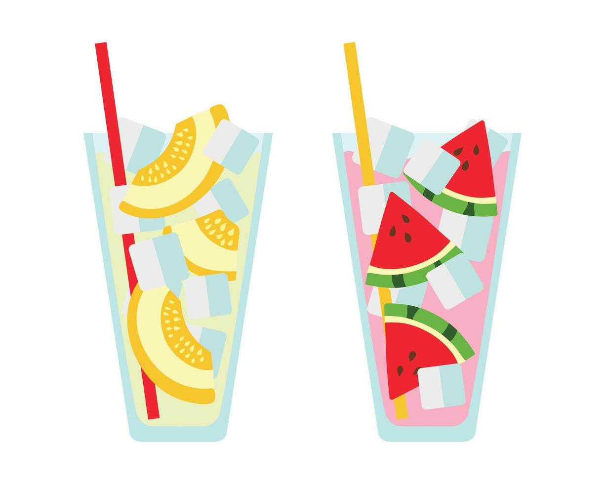 Melon and Watermelon Cocktails, ice cubes. Pieces of Fruit in Glass, straw. Summer cold refreshing Drinks for cafes. Vitamins, healthy eating, benefits. Bright colors. Flat style. illustration vector