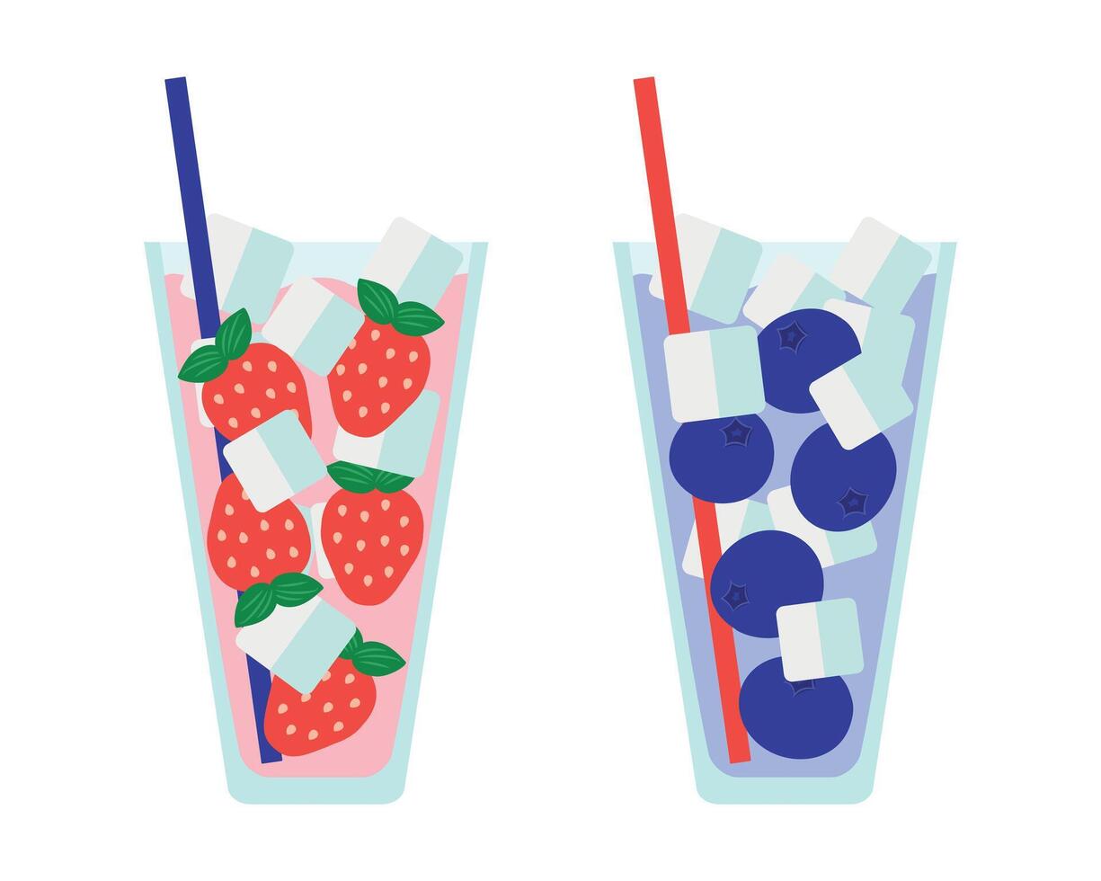 Strawberry, Blueberry Juice. Cocktails Ice cubes Straw. Smoothie, lemonade, soda. Summer Berries in transparent Glass. Cold refreshing Drinks. Vitamin, healthy eating. Flat style. illustration vector