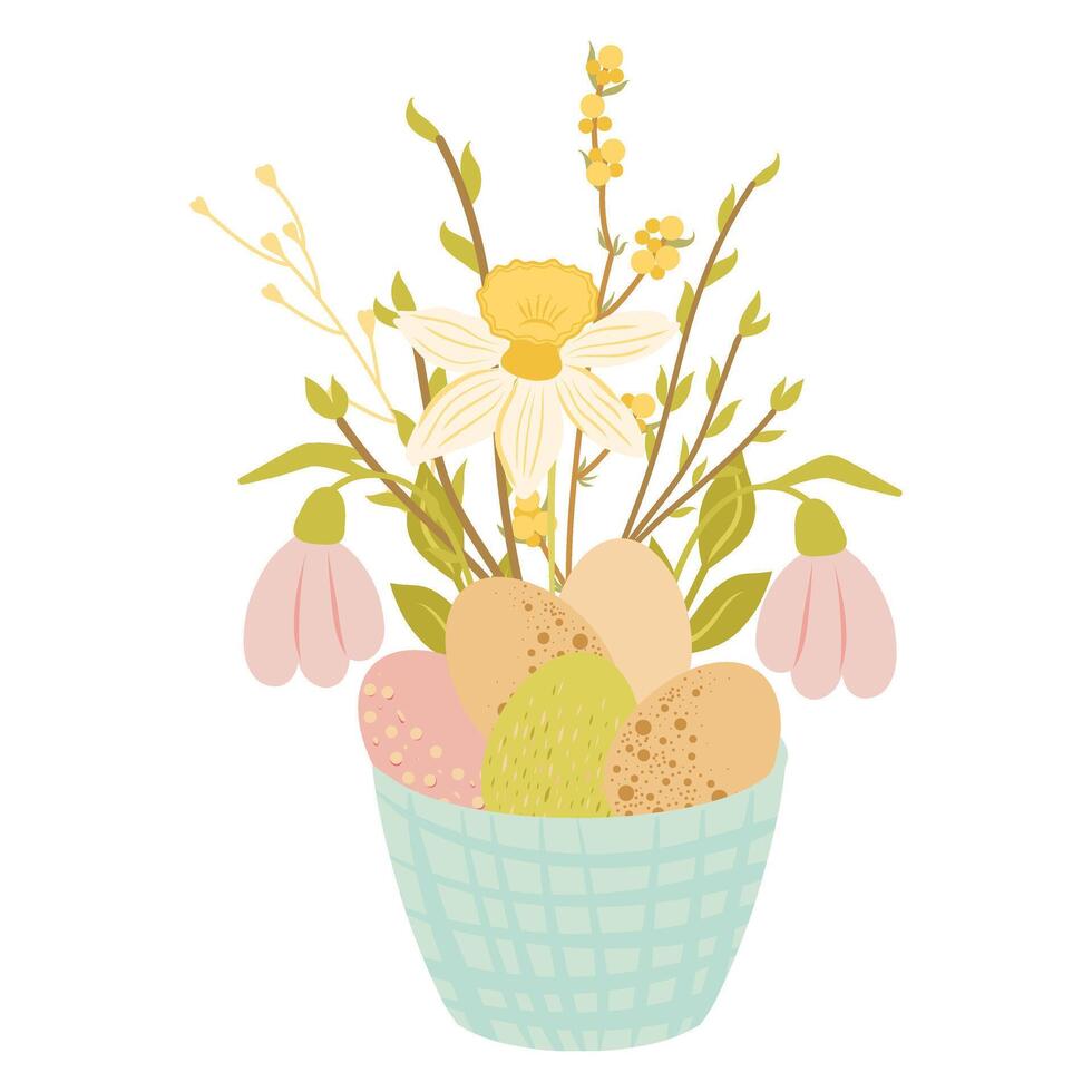 Easter basket with easter eggs and flowers, hamper with eggs, snowdrops illustration vector