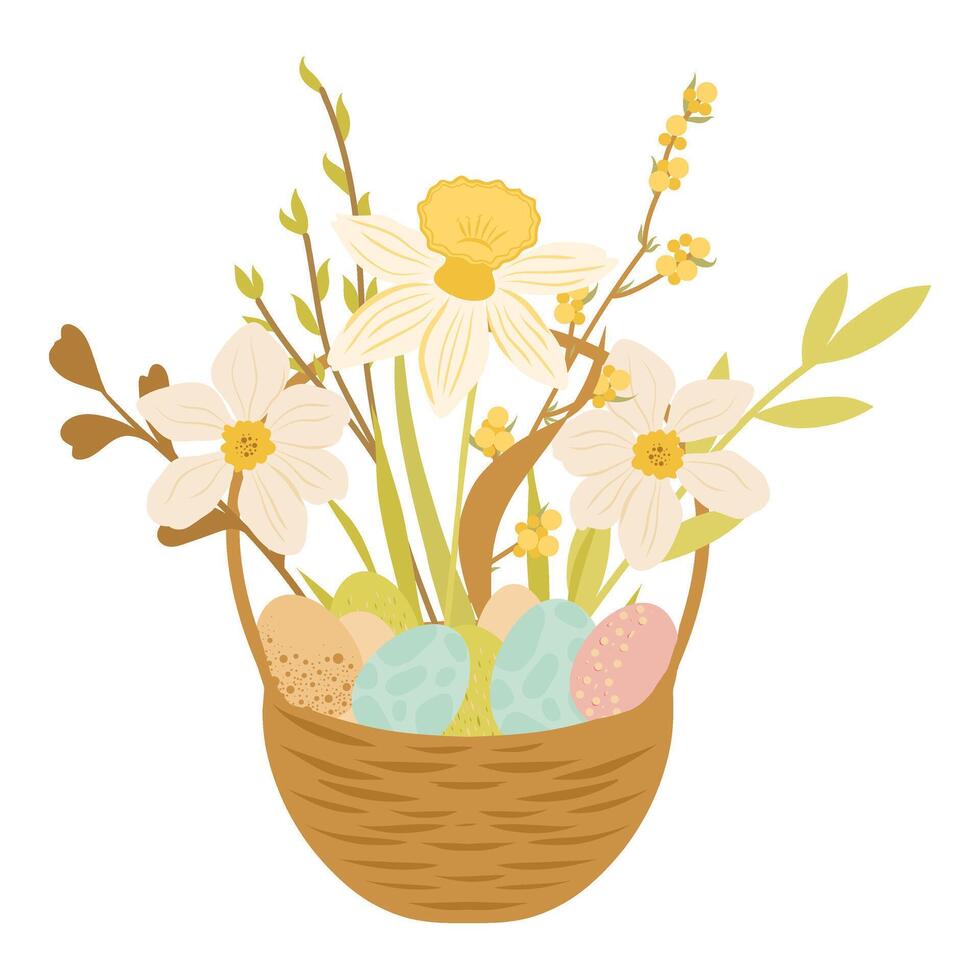 Easter basket with easter eggs and flowers, hamper with eggs, wicker, snowdrops illustration vector