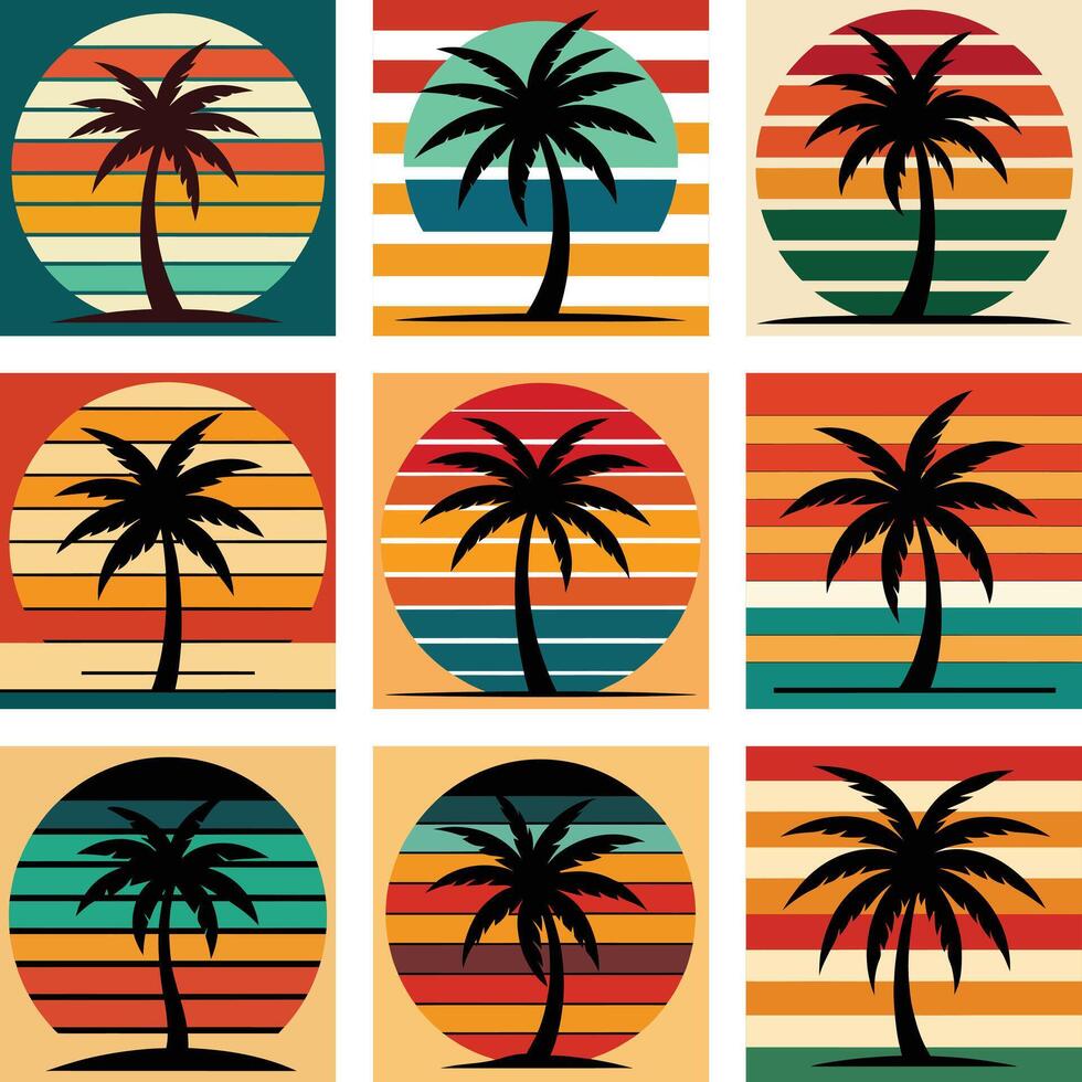 Retro Vintage Palm Tree Sunset, set of beach bundle, palm tree silhouette on retro stripes with a sun background vector