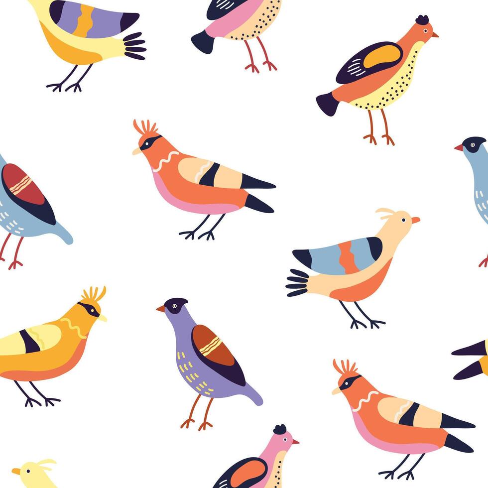 Seamless pattern with colorful abstract birds on white background, flat style illustration vector
