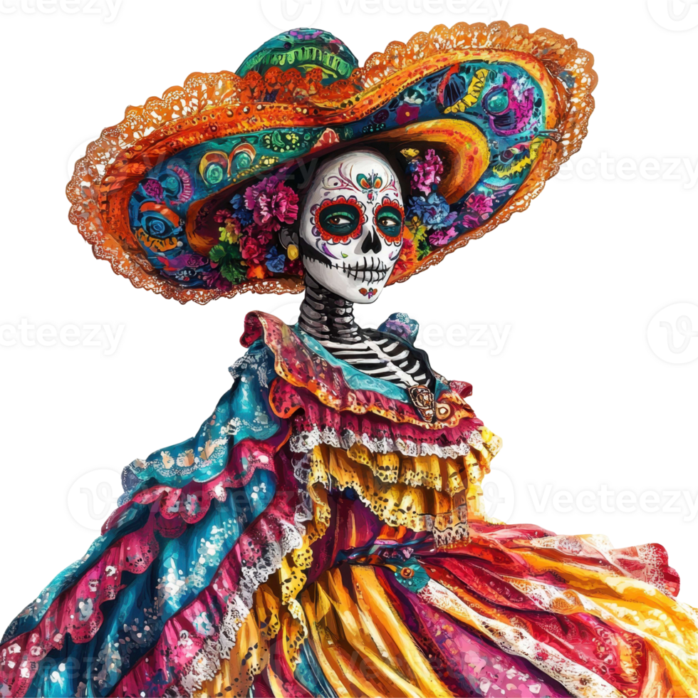 A skeleton in a colorful dress and sombrero png