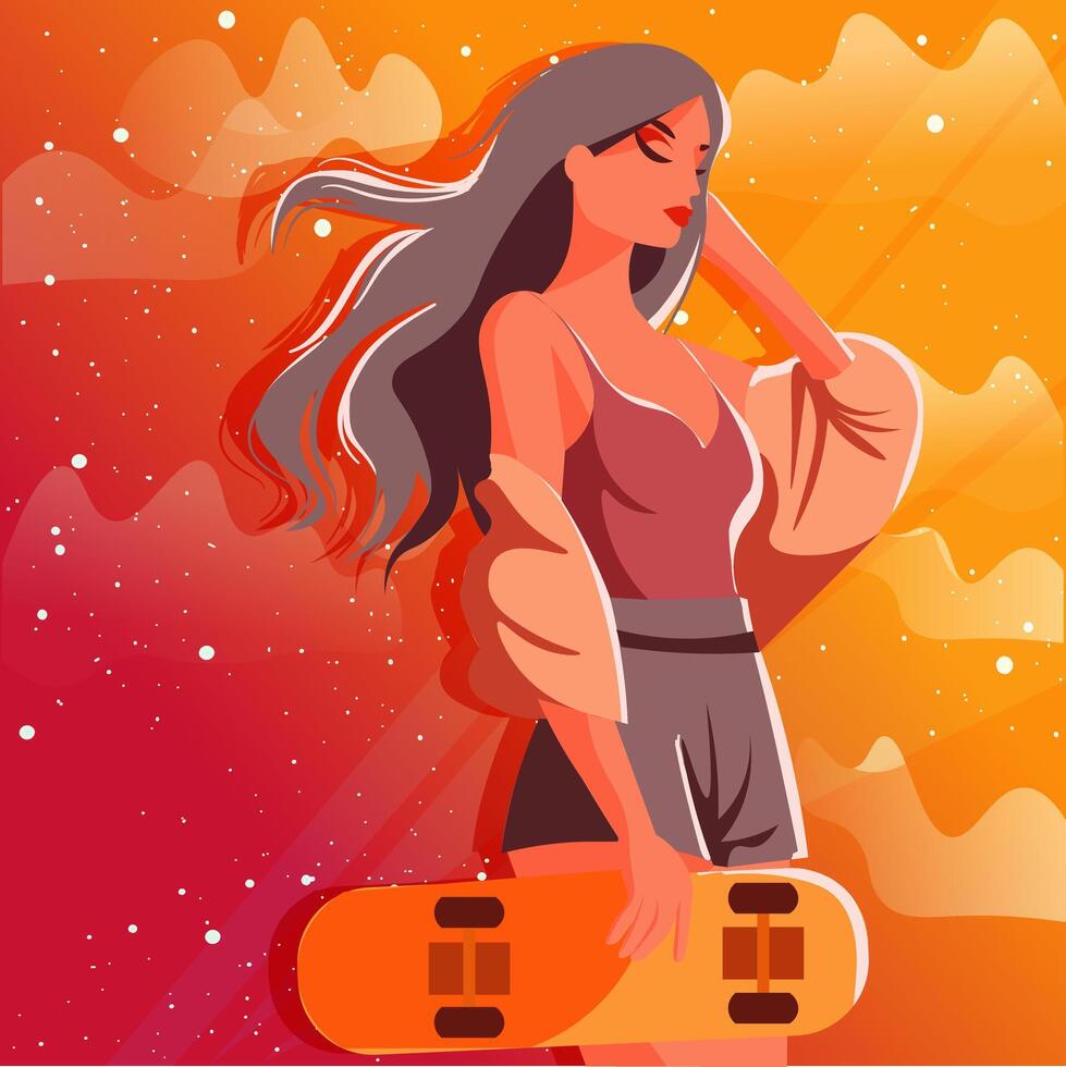 Flat artwork of a young woman at sunset holding a skateboard. Skateboarder near golden hour clouds. vector