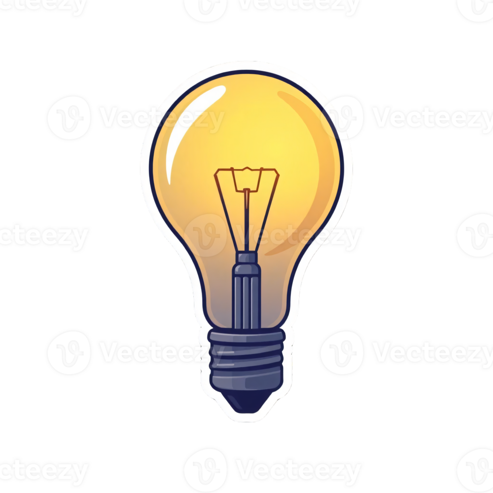 A cartoon sticker of Yellow light bulb, Hand drawn clipart in doodle style, isolated on transparent background png