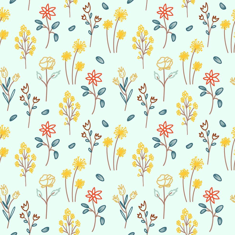 a pattern with flowers and leaves on a blue background vector