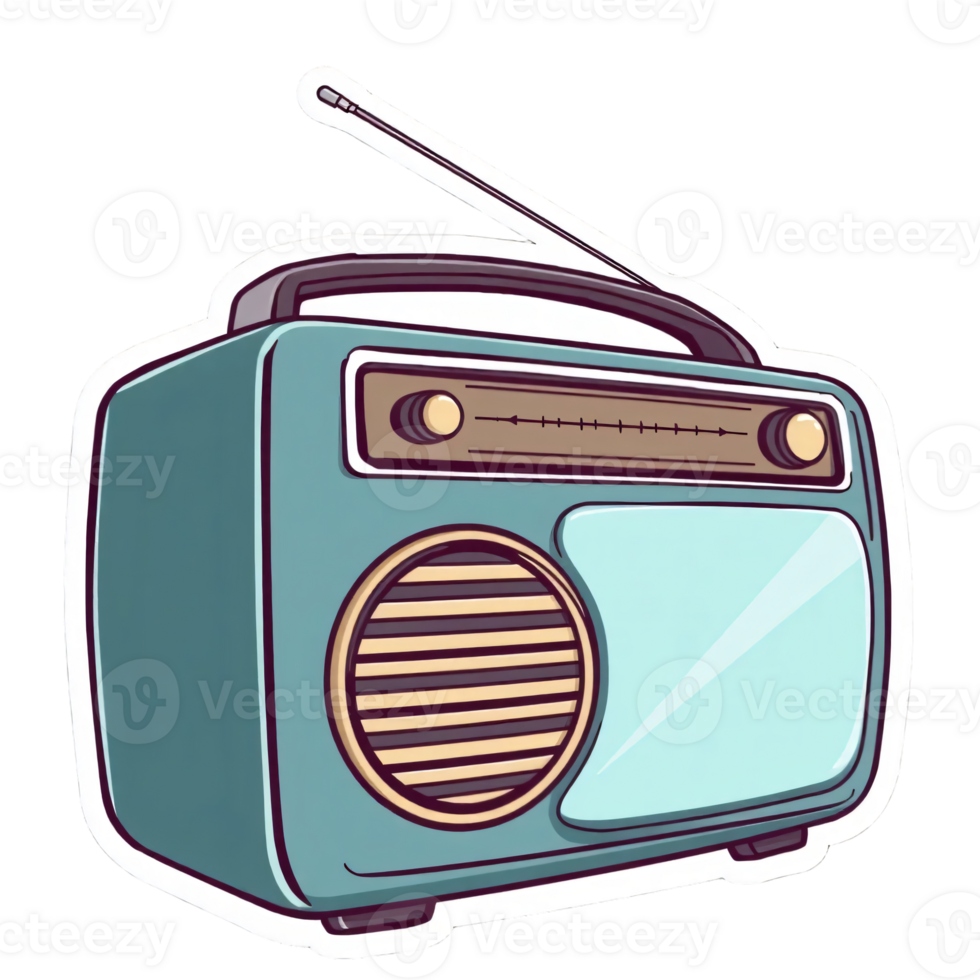 A sticker of a classic blue radio, Hand drawn clipart in doodle style, isolated on transparent background png