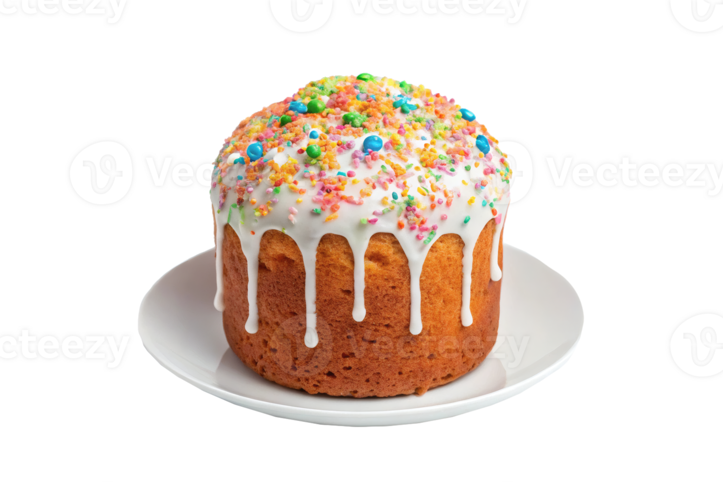 Festive cake topped with white icing and colorful sprinkles on a white plate, concept of celebration and desserts png