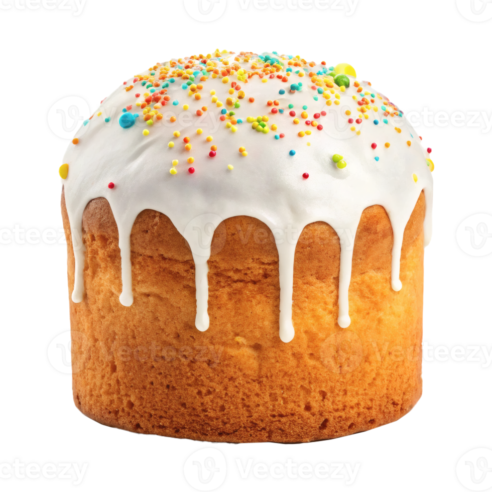Sweet Easter cake topped with white icing and colorful sprinkles, isolated, festive celebration png