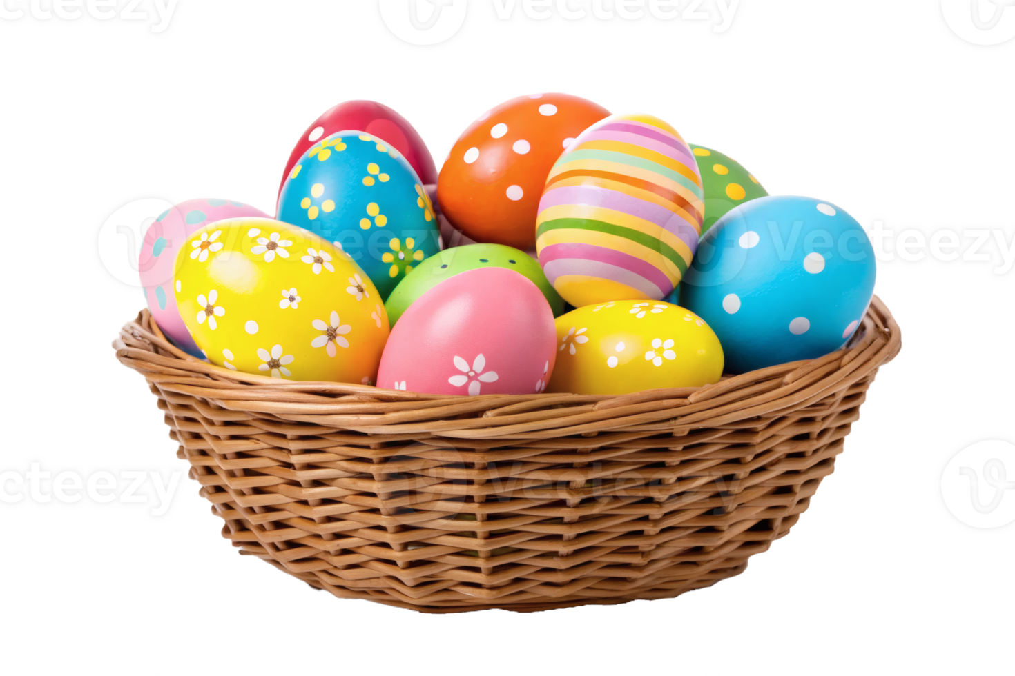 Brightly painted Easter eggs with various patterns in a wicker basket. Easter celebration and decoration png