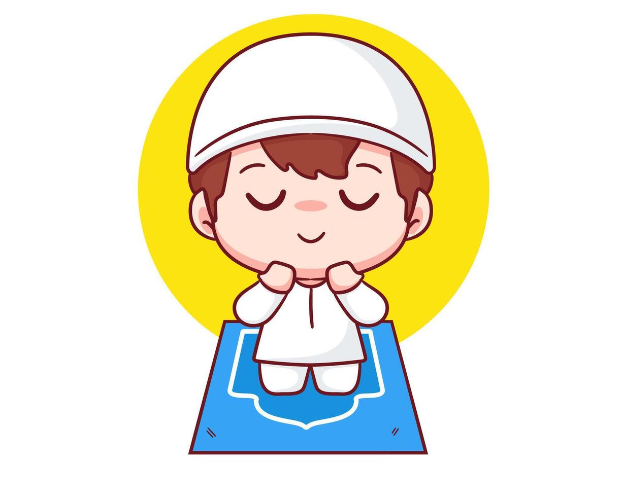 Cute muslim boy praying cartoon character. Happy Eid Ramadan Islamic Concept design. Kawaii and adorable illustration. vector