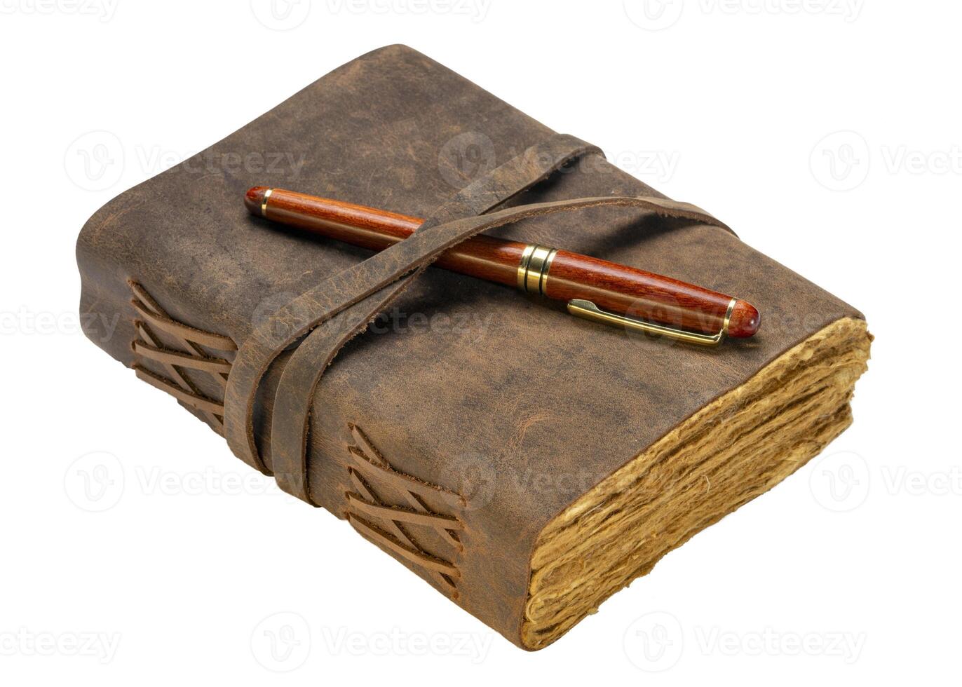 retro leather bound journal or book with decked edge handmade paper pages and a stylish pen isolated on white photo