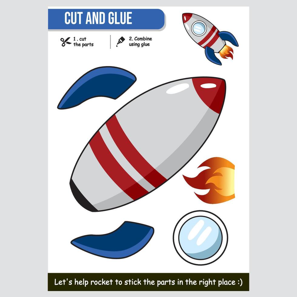 Cartoon rocket cut and glue activity for kids educational worksheet vector