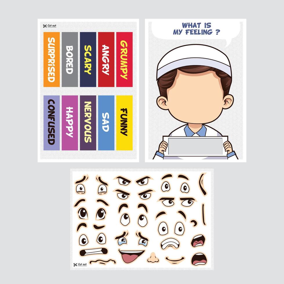 Children educational face expression cut and paste game for emotional development. vector