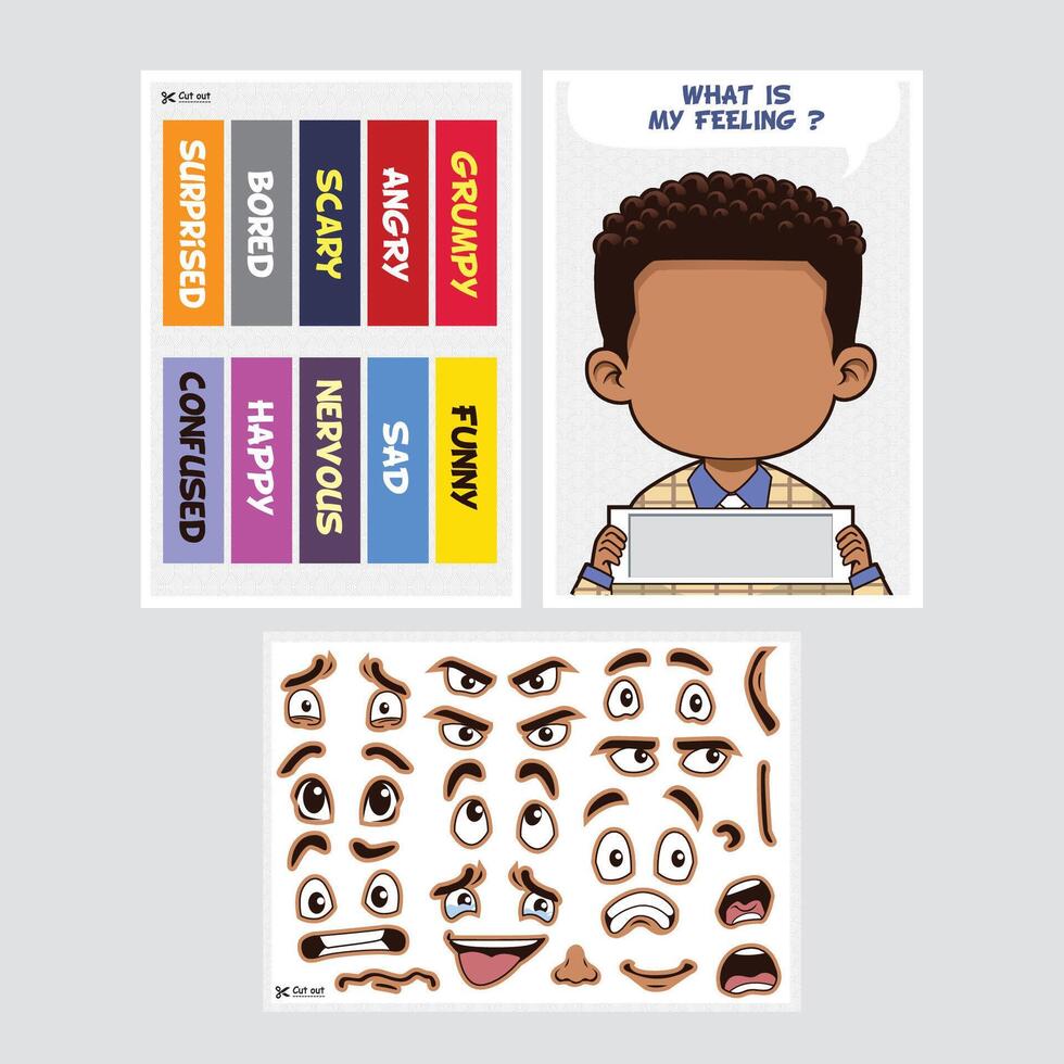 Fun cut and paste cartoon faces activity for kids to explore emotions. vector