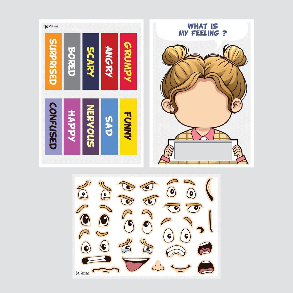 Fun face expression cut and paste game for children emotional development vector