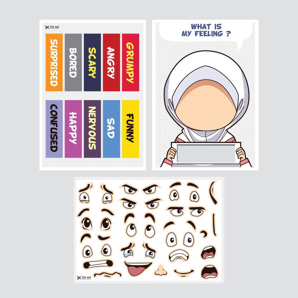 Children cut and paste activity with face expressions for emotional learning game vector