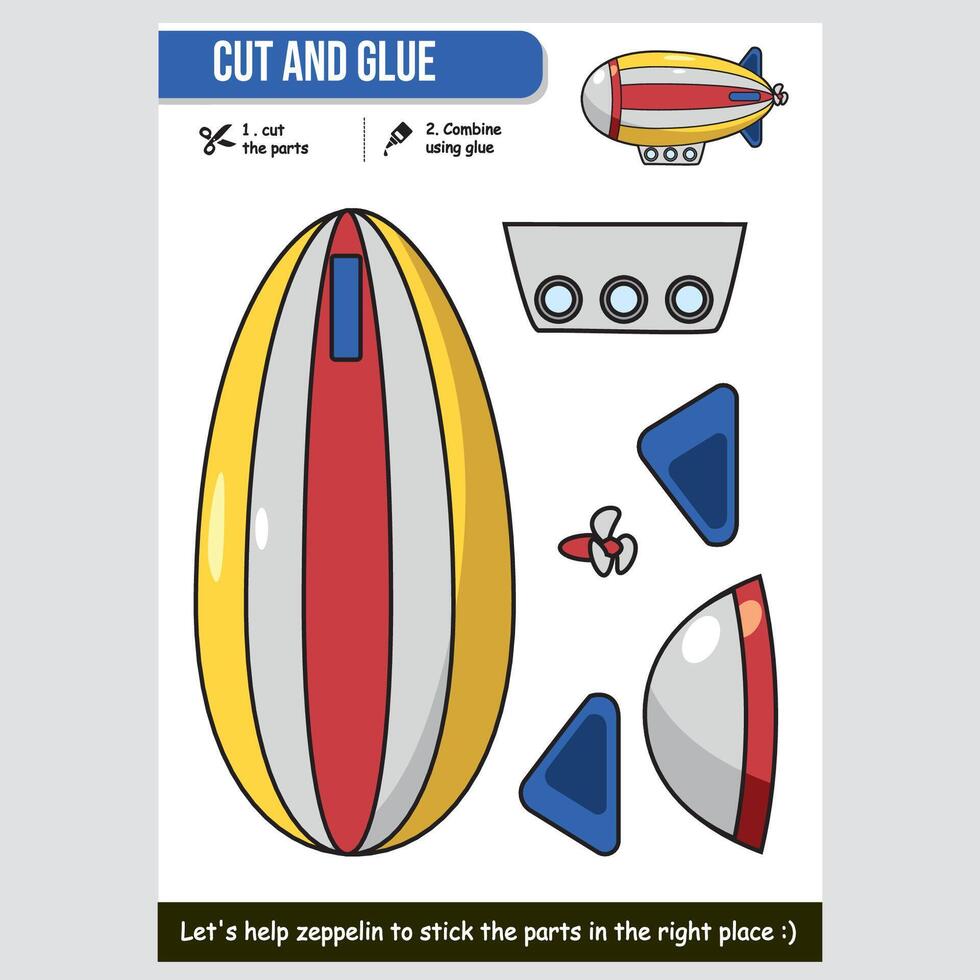 Cartoon zeppelin cut and glue activity for kids educational worksheet vector