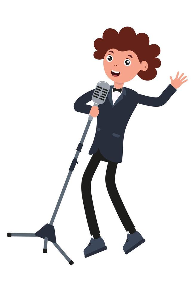 Young performer singing into microphone on stage with enthusiasm during a talent show vector