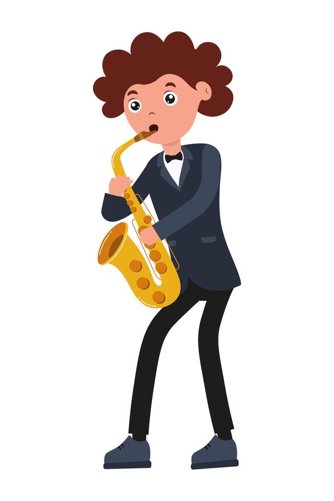 Young musician playing saxophone in formal attire with curly hair indoors vector