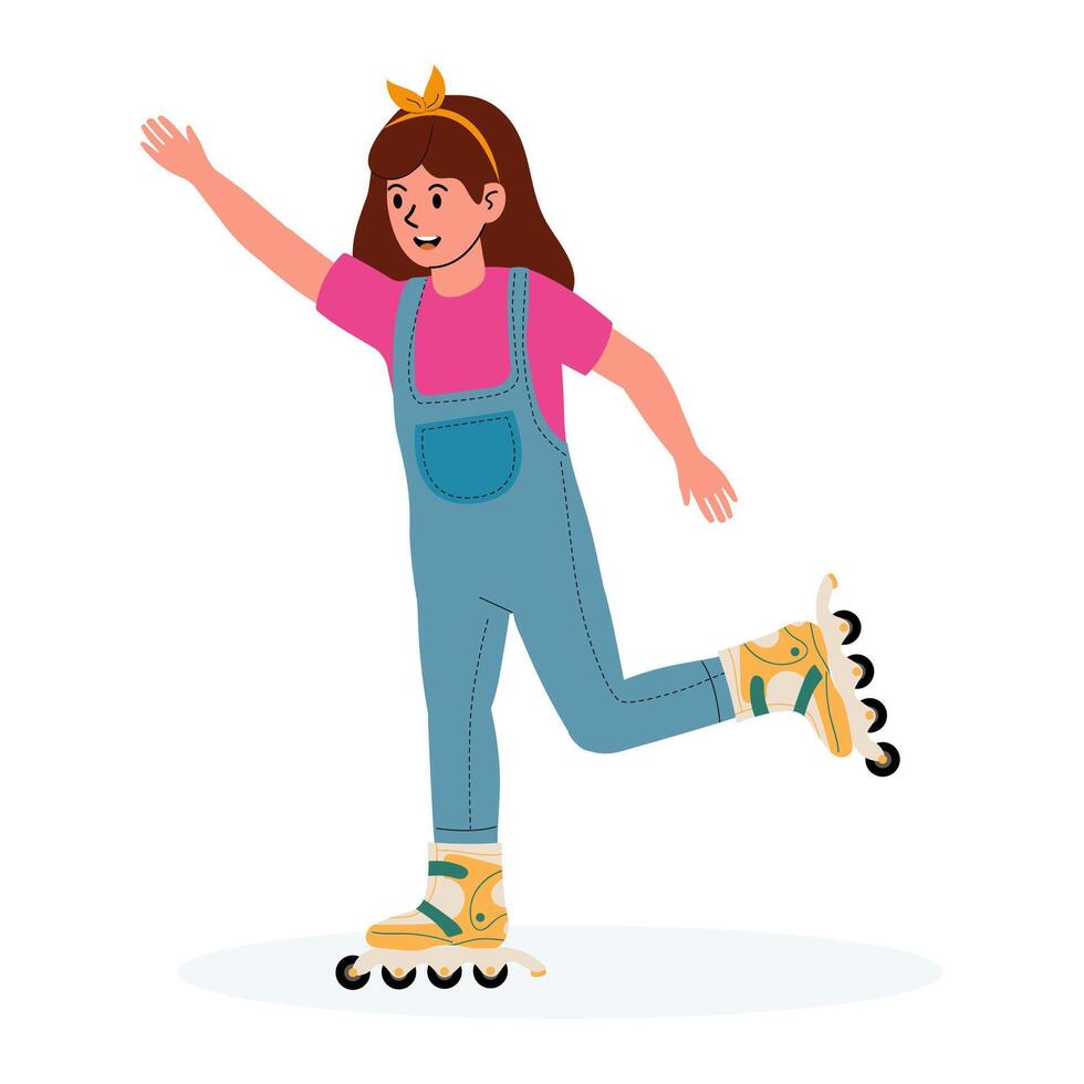 Girl roller skating in cheerful outfit on smooth surface during sunny day vector