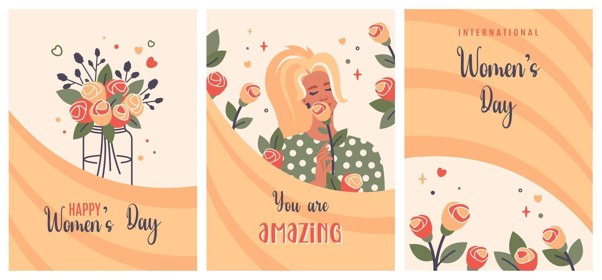Women's Day backgrounds. International women day posters set. Blonde girl holding rose. Bouquet of roses in vase. Modern posters for spring holiday. cartoon flat illustration vector