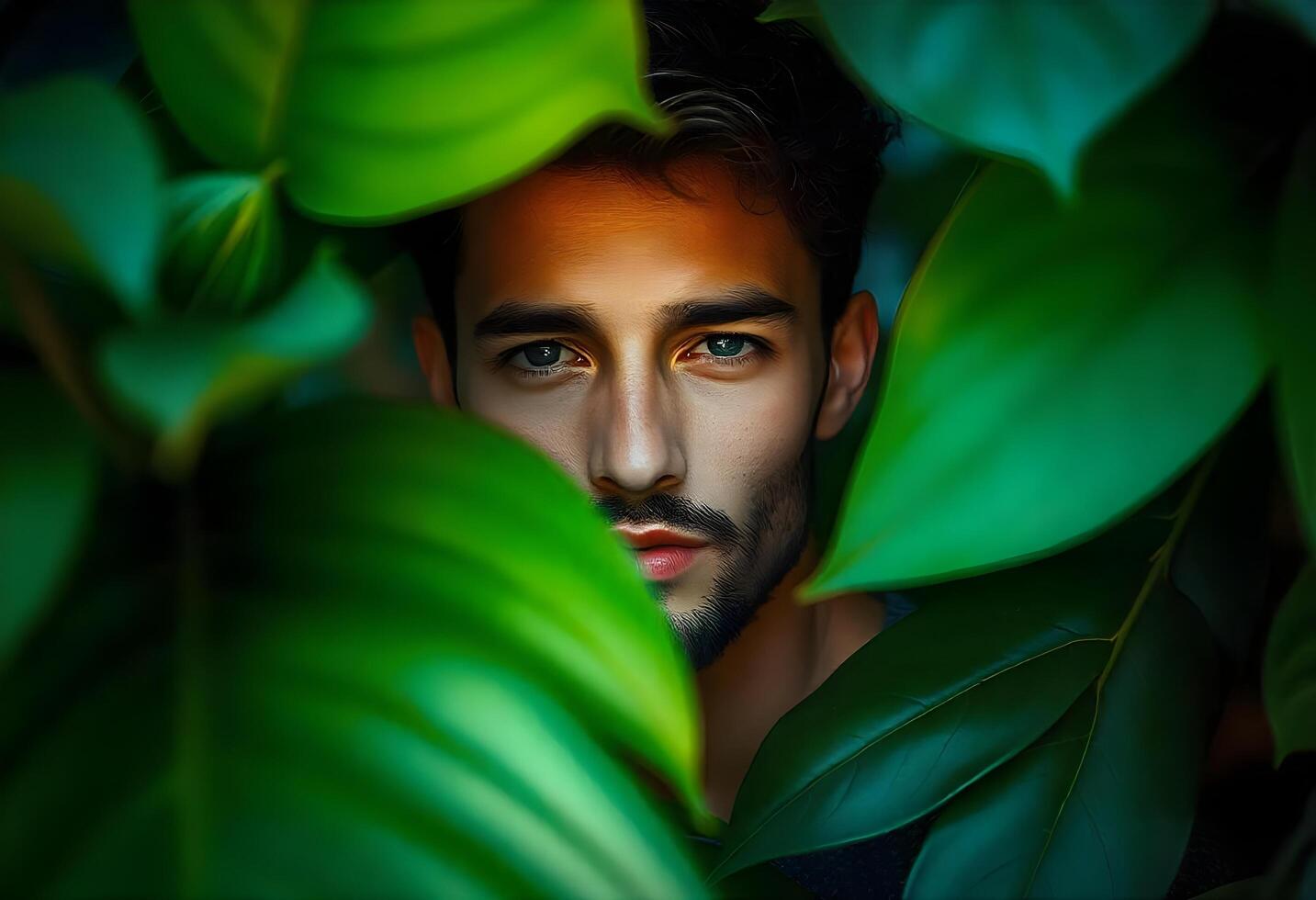 A man is hiding behind leaves in a forest photo