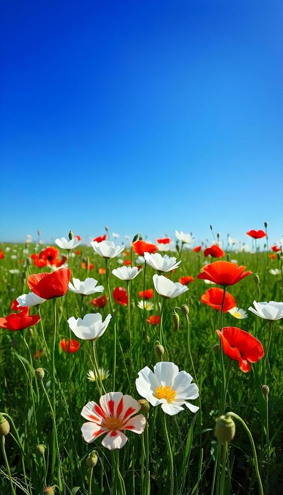 A field of red and white flowers with a blue sky in the background photo